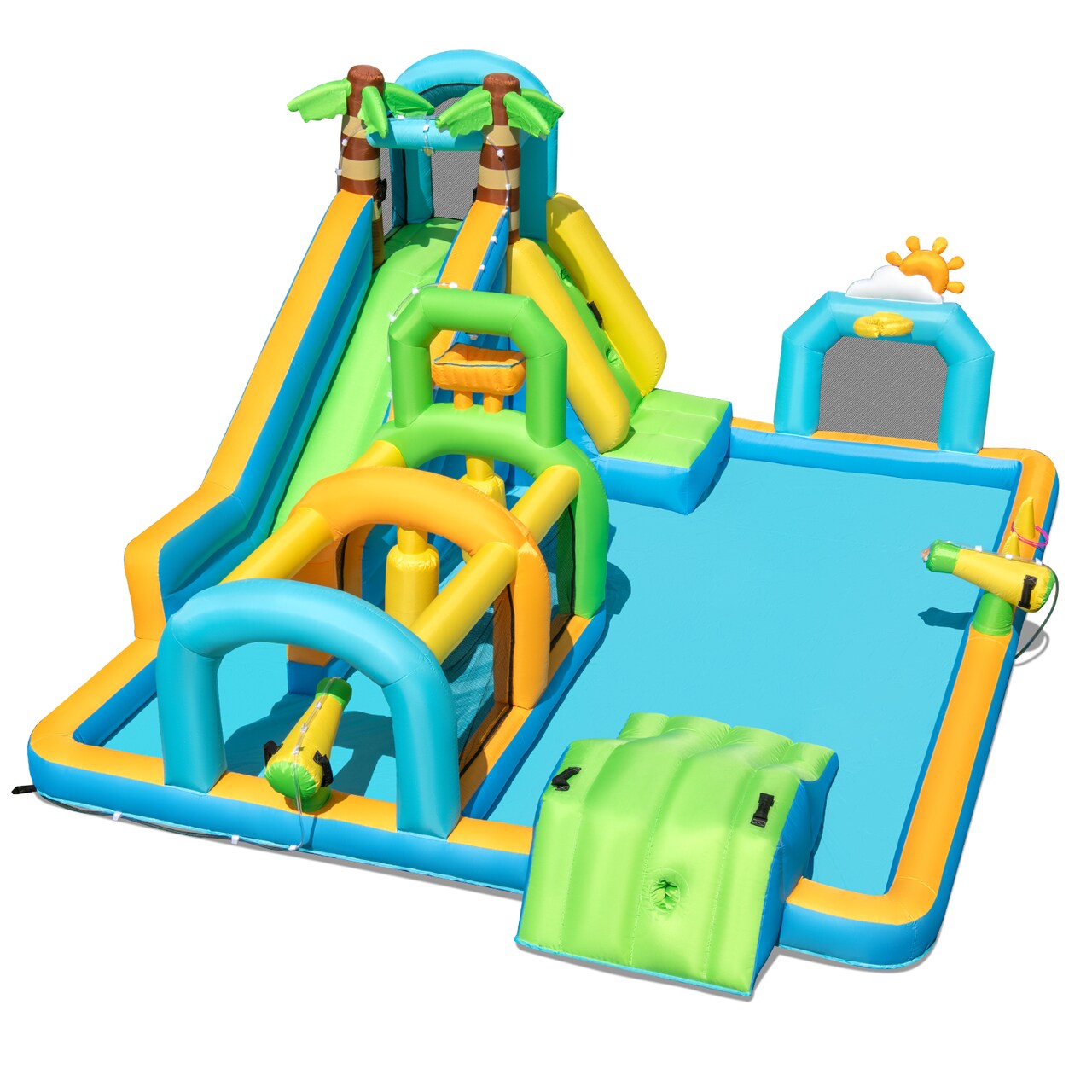 Palm Tree Inflatable Water Slide Bounce House for Kids Ages 3-12 with Climbing Wall Basketball Hoop Obstacle Tunnel and Water Cannons